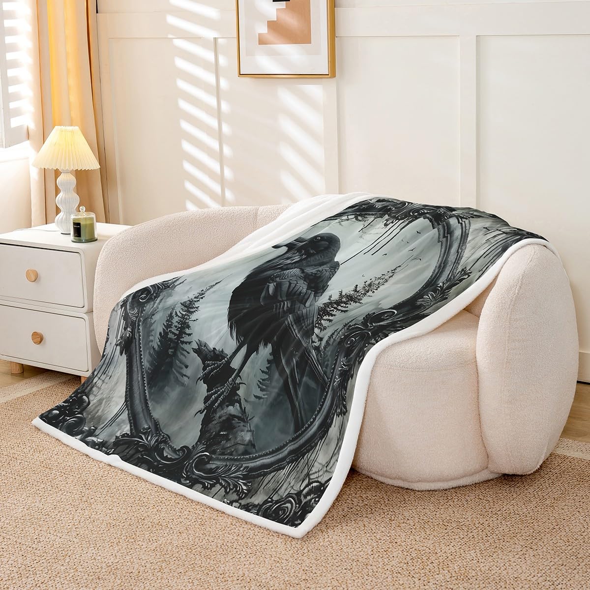 Erosebridal Halloween Crow Fuzzy Plush Throw Black Raven Bird Animal Fleece Blanket Gothic Retro Halloween Sherpa Blanket Woodland Wildlife Crow Decor Throw 50"X60" for Kids Teen Adults Bed Couch
