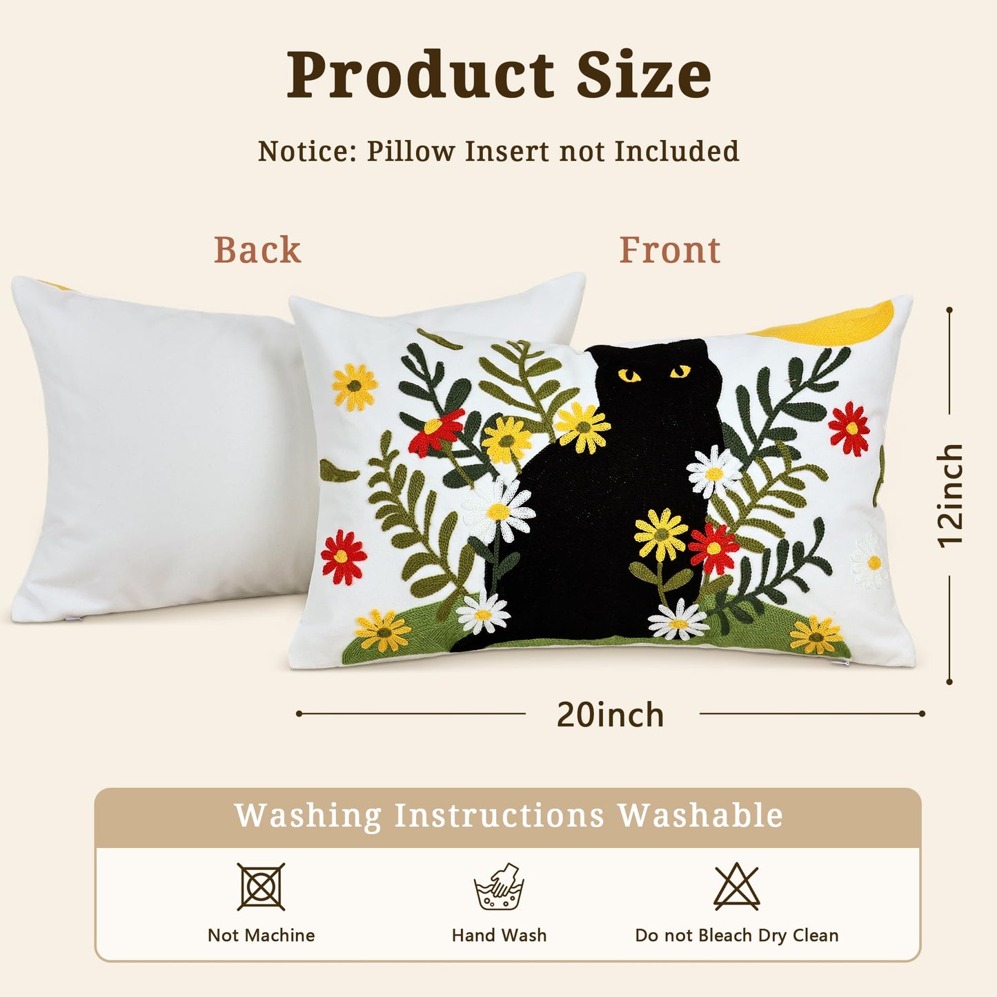 Cythasily Embroidered Pillow Covers 12x20 Inch Set of 1, Black Cat and Floral Patterned Decorative Throw Pillow Covers Lumbar Farmhouse Canvas Cushion Cases for Couch Sofa Bed Living Room Home Decor