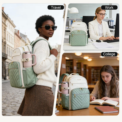 VANKEAN Laptop Backpack for Women with Pouch Pocket for Large Capacity Tumbler, 15.6 Inch Laptop Computer Bag Travel Backpack Purse,Waterproof Work Business College Teacher Bags, Beige-Light Green