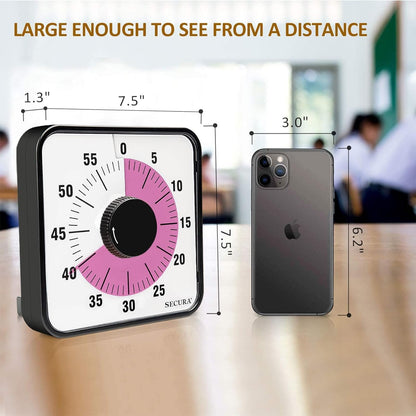 Secura 60-Minute Visual Countdown Timer, 7.5-Inch Oversize Classroom Visual Timer for Kids and Adults, Durable Mechanical Kitchen Timer Clock with Magnetic Backing (Peony Color)