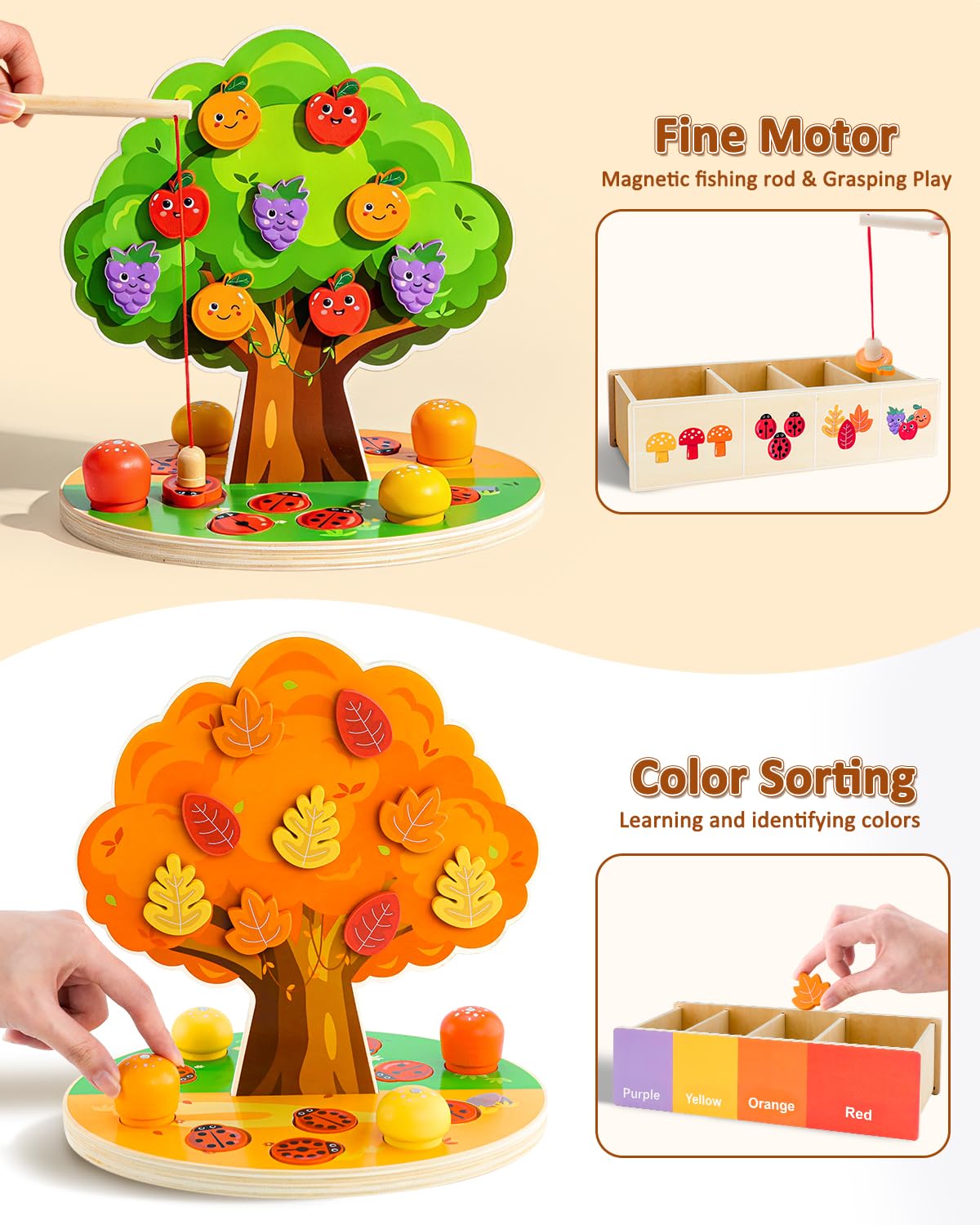 WoodsyJoy Montessori Toys for Toddlers 3-5, Wooden Sorting & Sensory Toy, Fine Motor Skills Learning Toy with Magnetic Apple Tree, Counting Ladybugs, Preschool Educational Toys for Kids