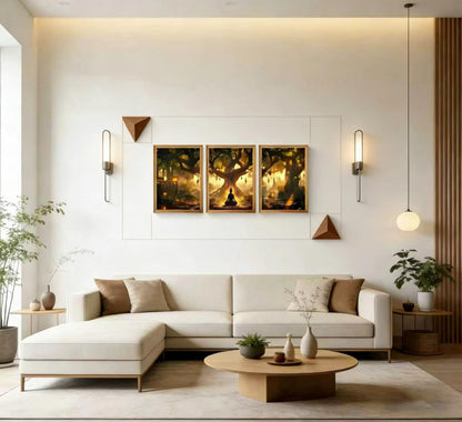 3Pcs Framed Buddha Under Bodhi Tree Canvas Wall Art，Zen Spiritual Wall Decor, Mystical Forest Lantern Poster for Living Room Bedroom Office