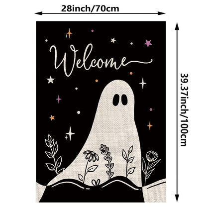 Halloween House Flag Ghost Black Burlap Double Sided 28x40 Inches Halloween Holiday Welcome Sign for Yard Lawn Home Outdoor Decor