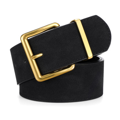 WERFORU Women Wide Chunky Belt for Dresses Fashion Thick Suede Belt with Big Gold Buck,Black