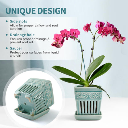 SUADEN Orchid Pots with Holes | 5" Ceramic Orchid Planter with Separate Saucer and Drainage Holes | Crackle Glazed Pottery Small Flower Pot for Repotting Orchids（Blue）