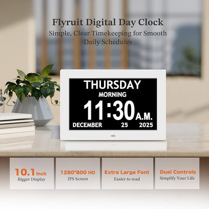 10.1'' Extra Large Digital Clock, 1280*800p HD Display, Dementia Clock For Seniors, Digital Clock With Date, Time, Day Of Week, 10 Reminders & 6 Alarms, Auto Dimming & DST, Remote Control, White