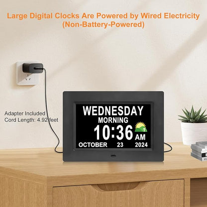 SSINI Digital Calendar Dementia Alarm Clock with Day and Date for Elderly - 15 Alarms 5 Colors Display Large Display Alzheimers Clock Large Digital Clock for Seniors (7in Black)