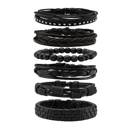 Eigso 6 Pcs Braided Leather Bracelets for Men and Women Punk Biker Cuff Bracelet Adjustable with Wood Beads