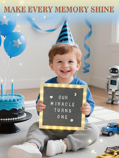 Changeable Felt Letter Board with LED Lights - 10×10" Message Custom Signs & Wood Stand & 450 Letters, Poster Board for Baby/Pregnancy Announcement/Classroom Wall Decor Gifts First Day of School, Grey