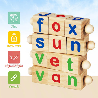 ShyLizard Montessori Learning and Educational Toys Gifts for Kids 3 4 5 Years, Wooden Reading Blocks Toys, Learning Activities for Preschool Kindergarten, Turning Rotating Matching Flash Card Games