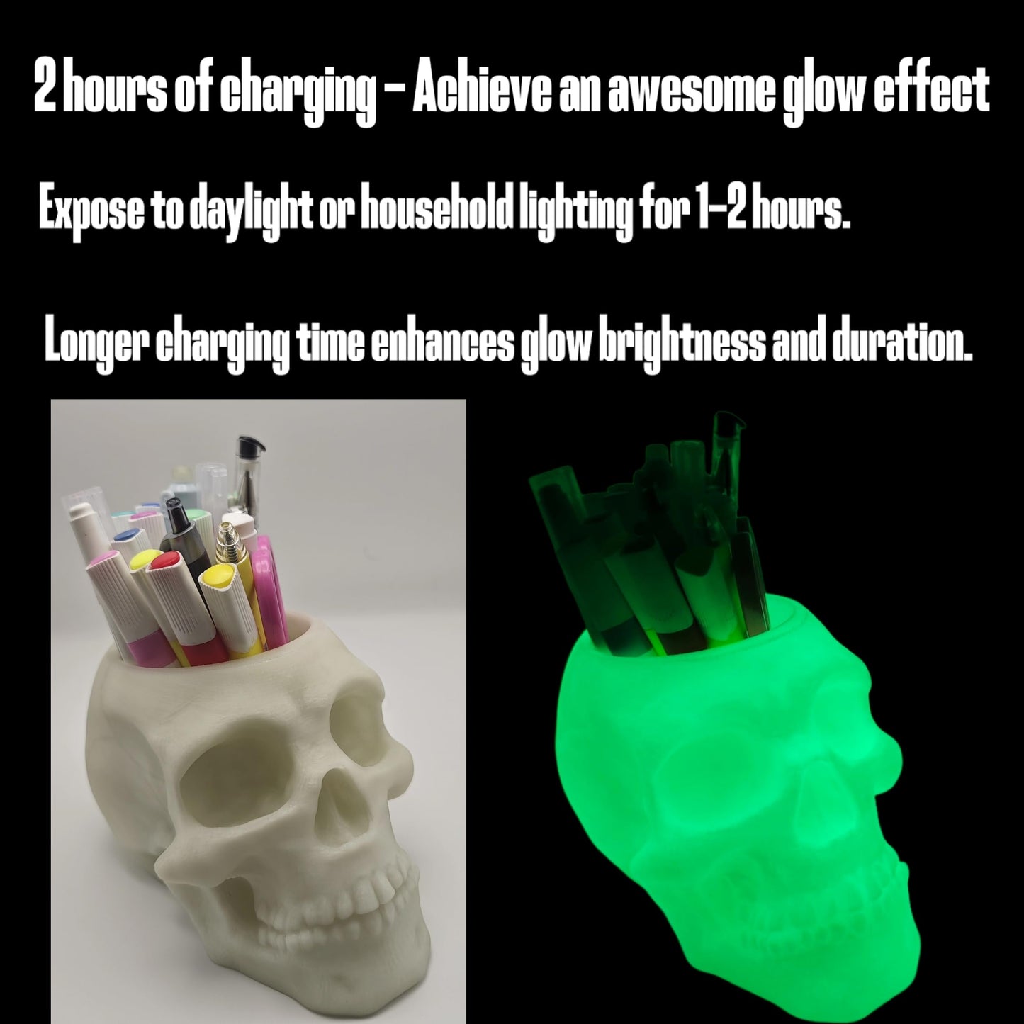 3D Printed Skull Pen Pencil Holder, Makeup Brush Holder, Vanty Desk Office Organzer Goth Decorations Gothic Skulls & Bones Large Capacity Organizer (Luminous)