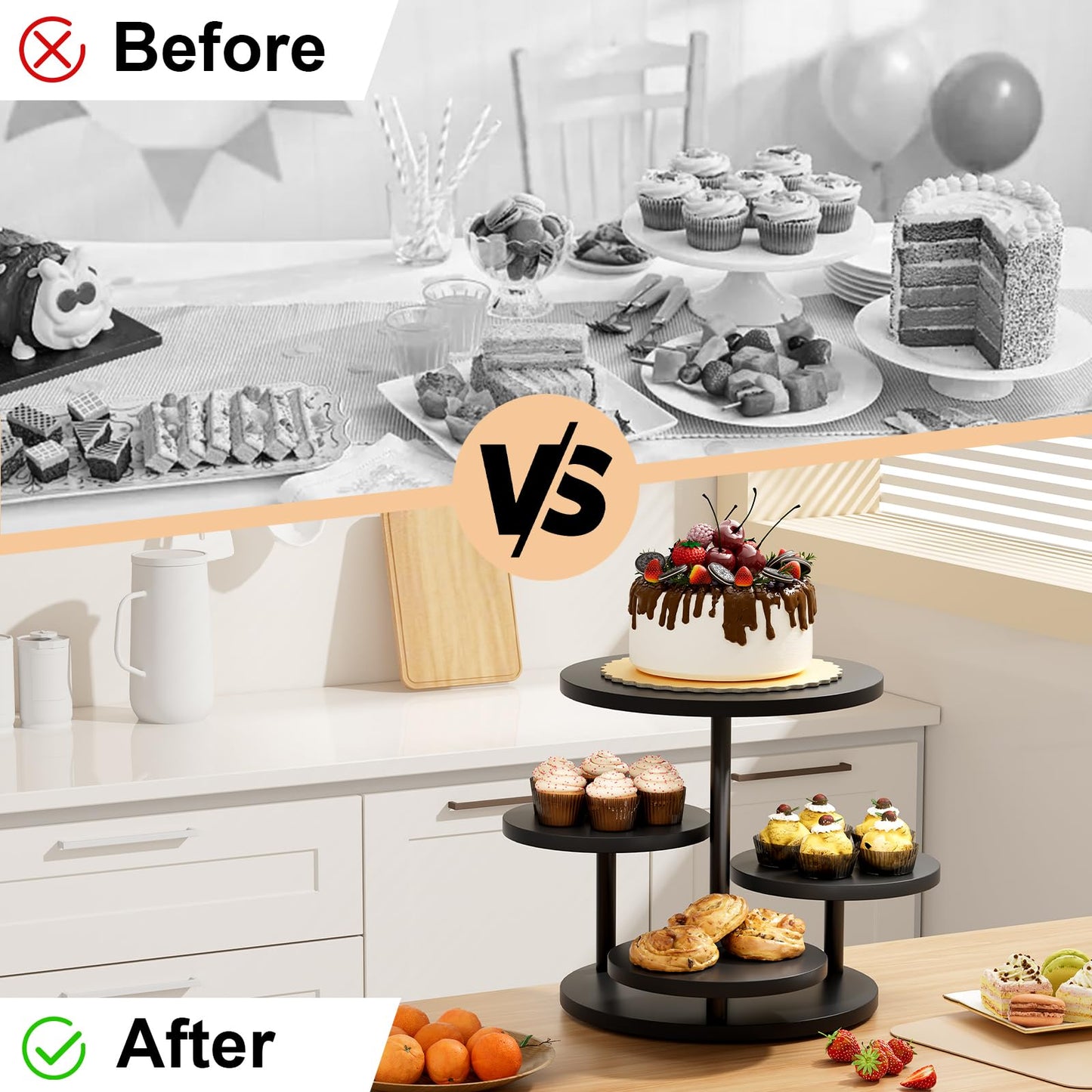 Cupcake Tower for 50 Cupcakes 4 Tier Wooden Dessert Display Stands 360°Rotatable Cookie Display Stand with Tiered Trays Round Cake Stand for Parties Wedding Halloween Dessert Table, Black