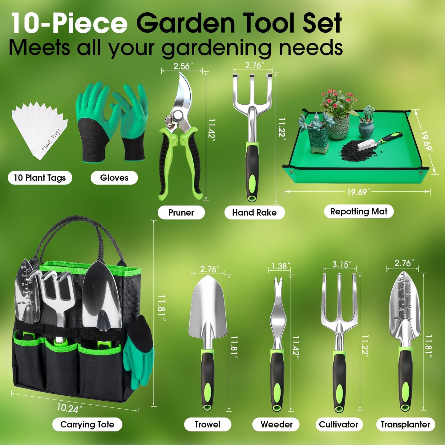 WOWBOX Garden Tools Set - 10 PCS, Heavy Duty Gardening Hand Tools Kit with Storage Tote, Rust-Resistant Gardening Supplies for Planting with Non-Slip Ergonomic Handle for Women and Men (Green)
