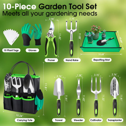 WOWBOX Garden Tools Set - 10 PCS, Heavy Duty Gardening Hand Tools Kit with Storage Tote, Rust-Resistant Gardening Supplies for Planting with Non-Slip Ergonomic Handle for Women and Men (Green)