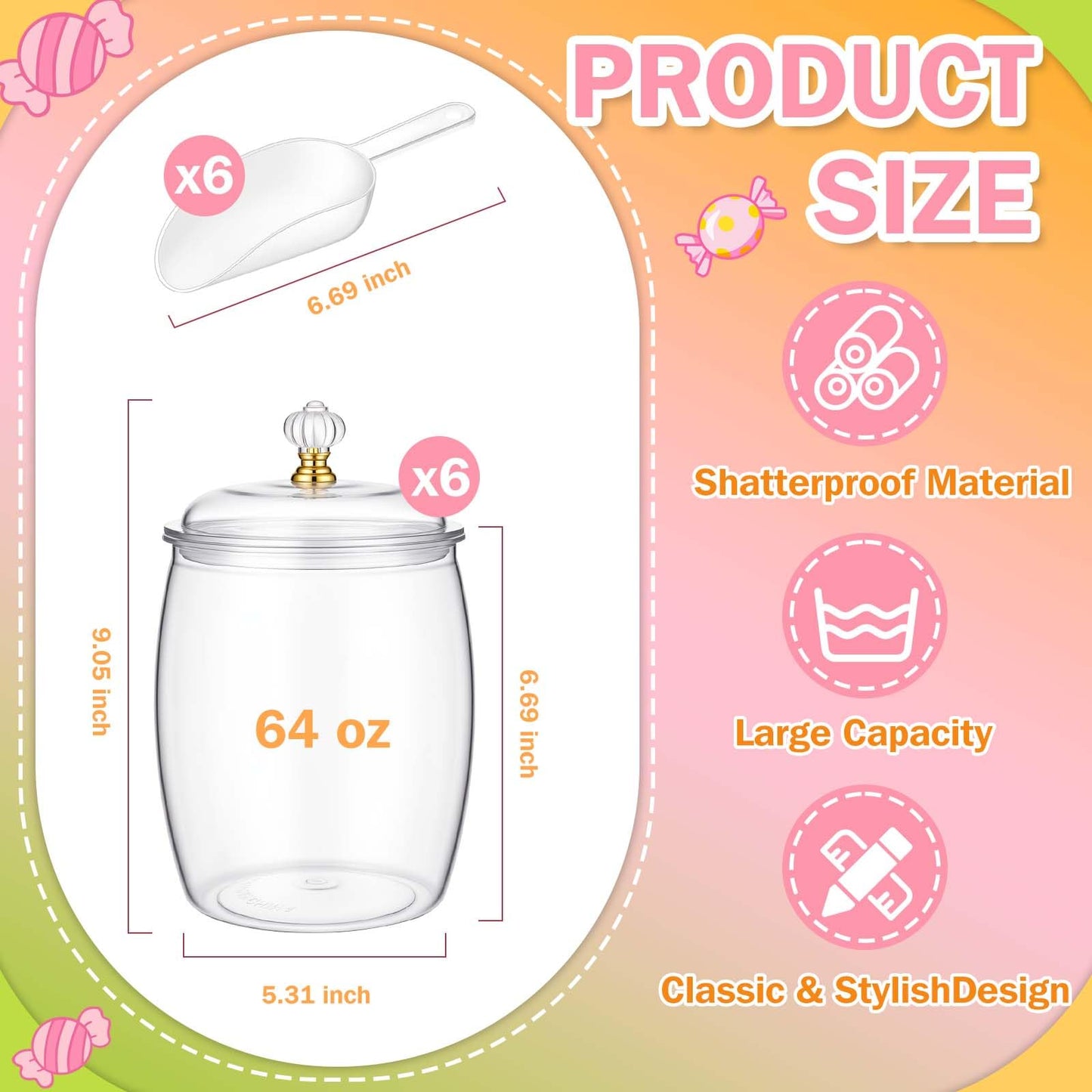 mwellewm 6pc Candy Jar with Lids and Spoons Clear Plastic Cookie Container Airtight Apothecary Storage Organization for Buffet Wedding Home Bar Decoration Festive Display and Everyday Use(64oz)