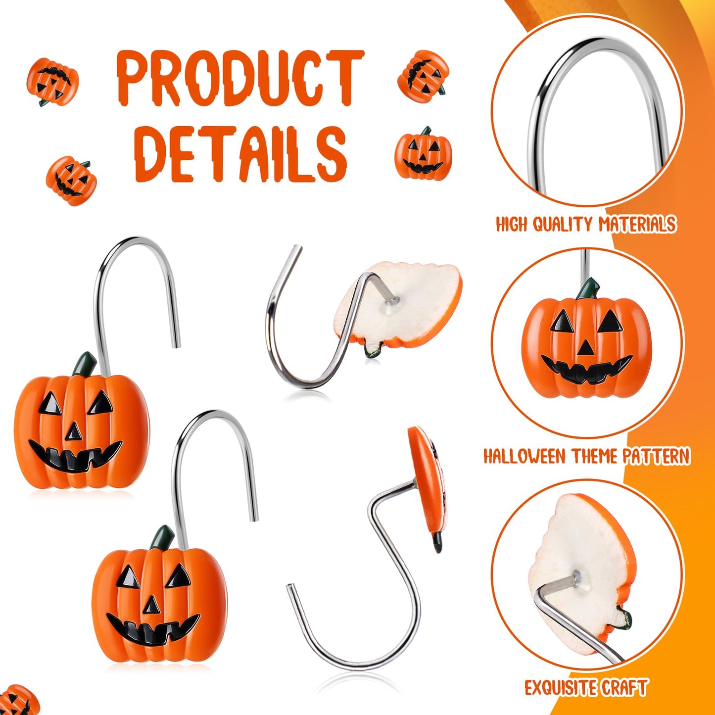 Yungyan 12 Pcs Halloween Shower Curtain Hooks Pumpkin Curtain Hangers Orange Autumn Fall Decorative Rings for Halloween Bathroom Restroom Decor