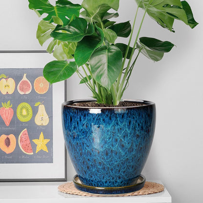 EPFamily 8 Inch Ceramic Planter Pot with Drainage Hole and Saucer, Ceraimc Plant Pot Round Flower Pot for Indoor Plants Outdoor Garden Planter, Blue