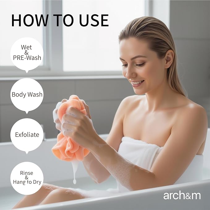 ARCH&M Exfoliating Shower Towel & Body Scrubber, Peach Purple Pink, 3 Pack | Japanese Washcloth, Hygienic, Nylon, Daily Use, Smoother Skin, Deep Exfoliation, 35-Inch, Quick-Dry, Durable Machine Washable
