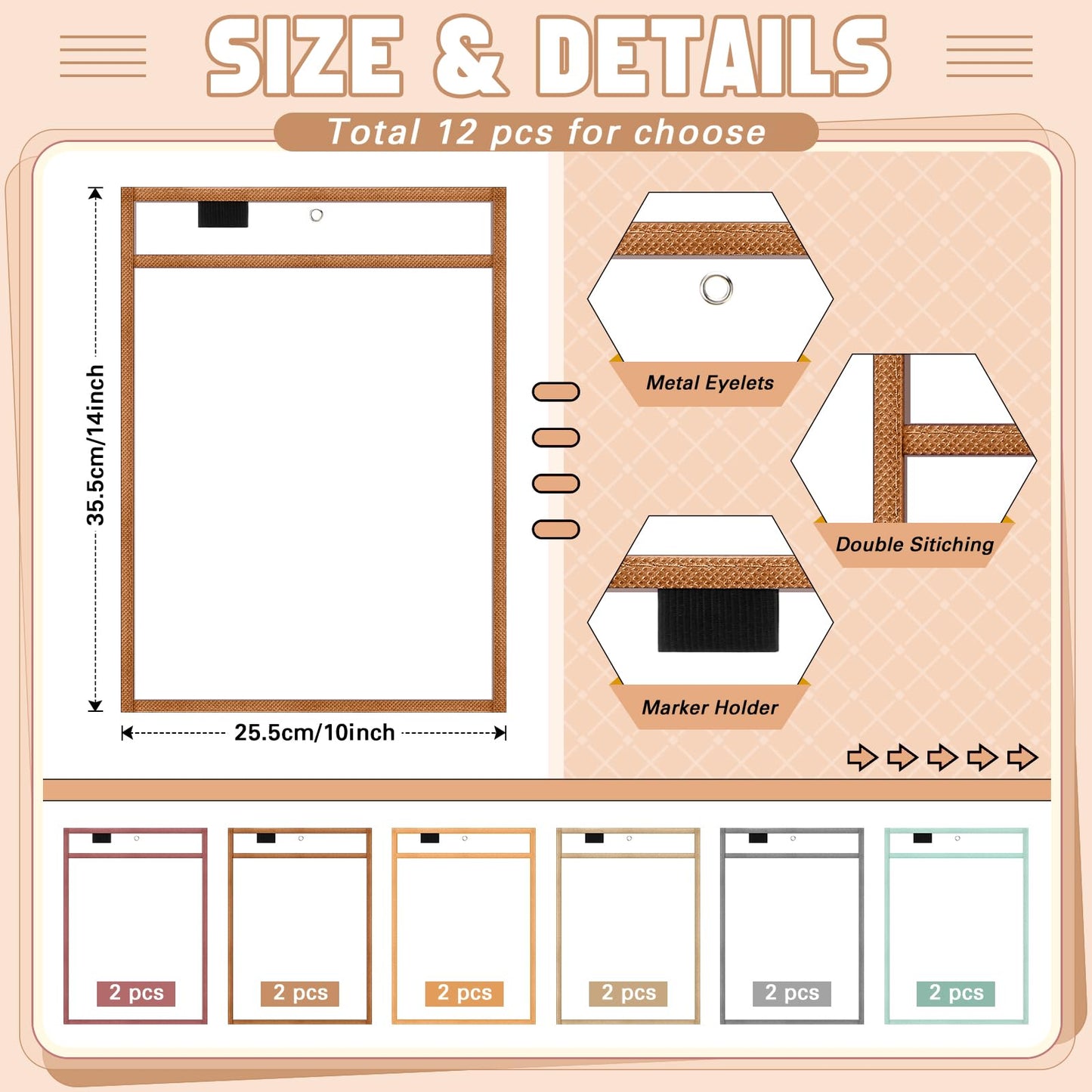 Watersay 24 Pcs Dry Erase Pocket Reusable Sleeves 10" x 14" Clear Plastic Sheet Protectors with Markers and Mini Dry Erasers for Paper (Retro Boho)
