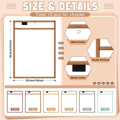 Watersay 24 Pcs Dry Erase Pocket Reusable Sleeves 10" x 14" Clear Plastic Sheet Protectors with Markers and Mini Dry Erasers for Paper (Retro Boho)