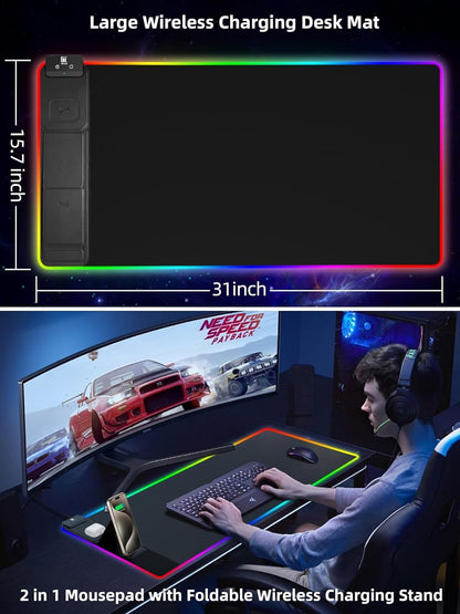 XXL Mouse Pad with Phone Holder - Black, RGB Desk Mat with 15W Fast Charging, LED Gaming Mousepad with 11 Light Colors, Waterproof Non-Slip Pad for Office & Home