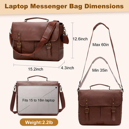 Leather Messenger Bag for Men, 15.6in Laptop Briefcase Vintage Waterproof Laptop Bag Shoulder Bags Satchel Office Bag(Dark Brown)