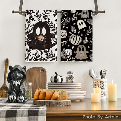 Artoid Mode Polka Dot Black Ghost Pumpkin Halloween Kitchen Towels Dish Towels, 18x26 Inch Farmhouse Flower Decoration Hand Towels Set of 4