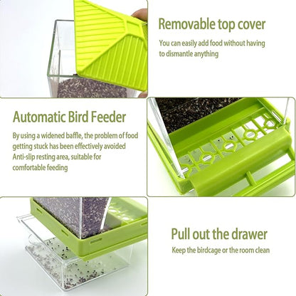No Mess Bird Feeder for Cage,Automatic Parakeet Feeder with Perch Anti-Splash Bird Food Dispenser for Cage for Parakeet Lovebirds Cockatoo Budgie (Green)