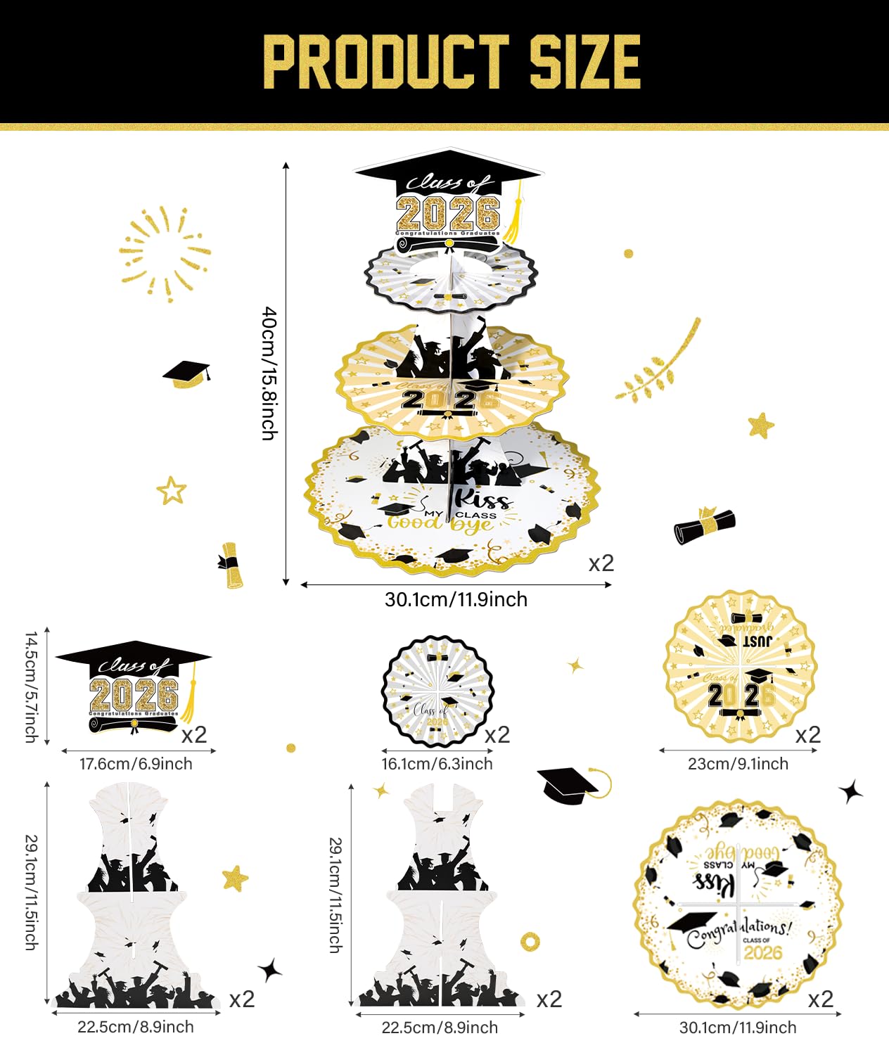 Crafterlife Set of 2 Graduation Cupcake Stand for 50 Cupcakes Black Gold Graduation Cap Decorations Cardboard Cake Dessert Holder Tower for Class of 2026 Congrats Grad Party Supplies
