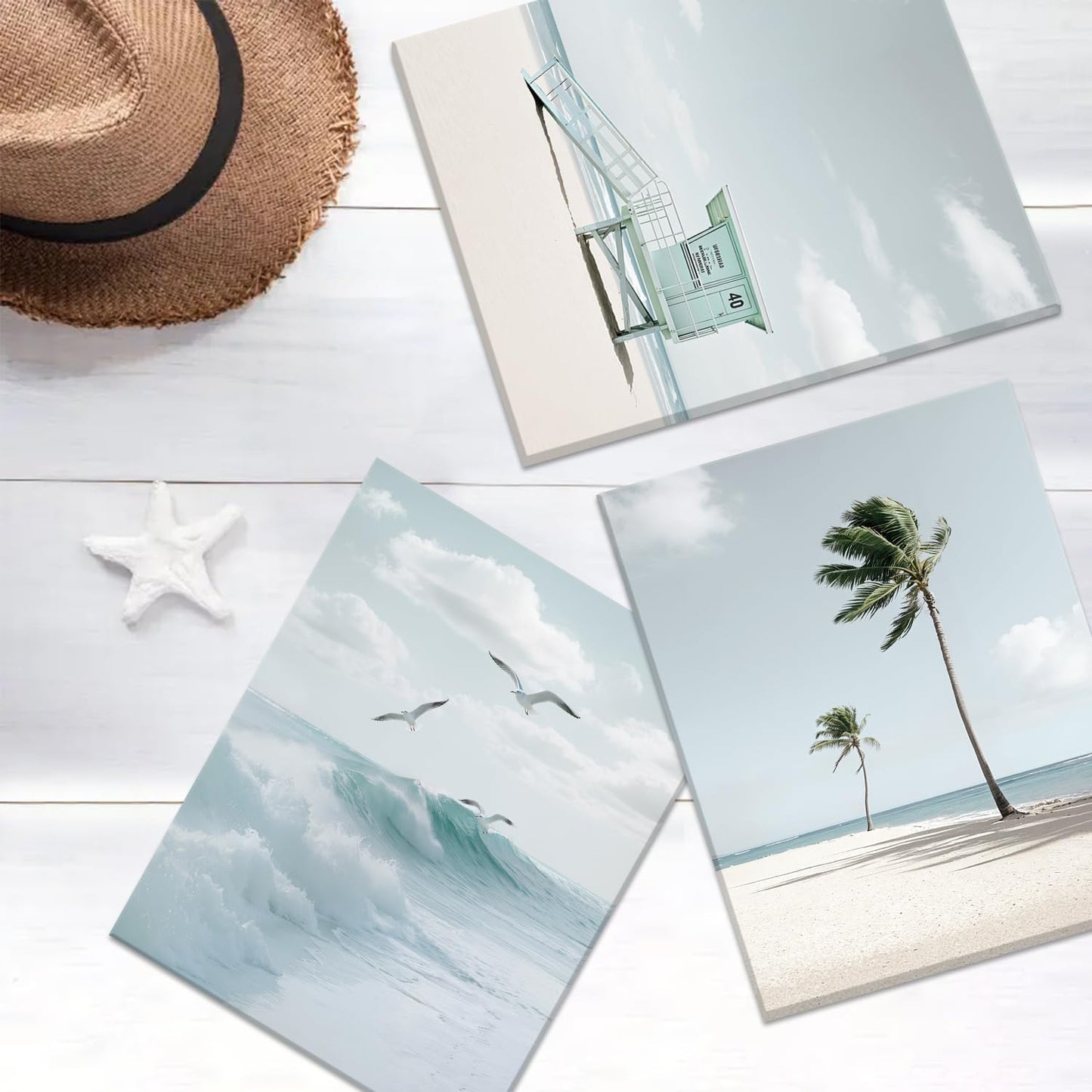 CHDITB Beach Canvas Wall Art, Coastal Palm Tree Surfboard Wall Decor, Ocean Wave Seagull Artwork, Minimalist Surfing Pictures, Tropical Beach Prints for Bathroom Living Room seaside Bedroom 8”x10”x6