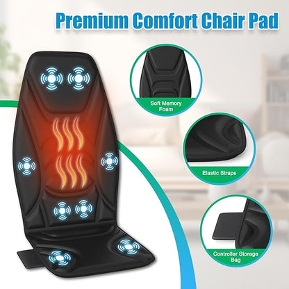 Portable Back Massager with Heat & Vibration - Deep Tissue Pain Relief for Shoulder, Back, Lower Back and Thighs - Office Chair Massage Pad, Ideal Gift for Men and Women