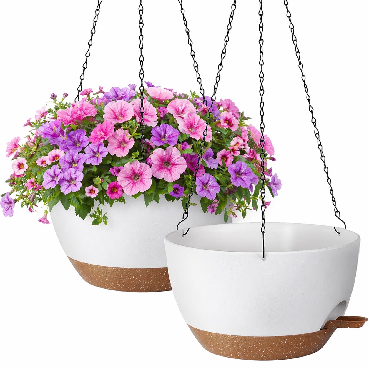 TYMENSH Hanging Plant Pots 12 inch Set of 2, Self Watering Hanging Planters with Drainage Holes, Indoor Outdoor Plastic Flower Pots with Hanging Chains for Balcony, Porch, Garden, Home Décor, White