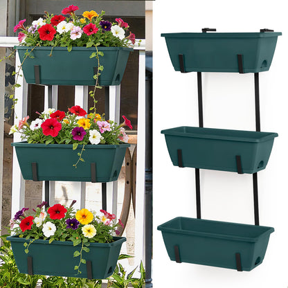 Window Boxes Planters with Adjustable Brackets Set of 2 Outdoor Fence Planters, Over the Deck Railing Planter Box with 6 Pack Hanging Plastic Flower Pots, Drainage Holes for Balcony, Patio, Green