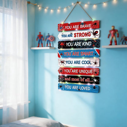 Spider Room Decor Set of 8 with LED Lights, Boys Bedroom Decor Inspirational Positive Quotes Wall Art, Motivational Wooden Hanging Signs Wall Decorations for Nursery Teens Toddler Room