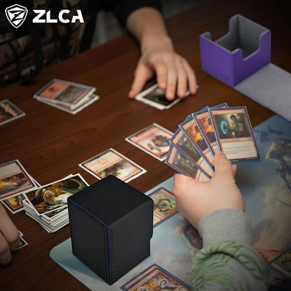 ZLCA Card Deck Box for Trading Cards, MTG YuGiOh Deck Case Holds 100+ Single Sleeved Cards, PU Leather Magnetic Card Storage Box Fits for TCG CCG Magic Game Cards (Black& Blue)