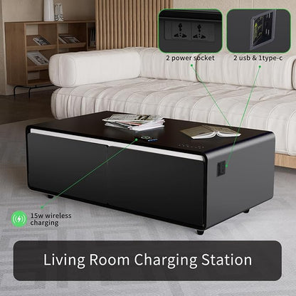 Smart Coffee Table with Fridge and Bluetooth, Wireless Charger | Smart Refrigerator Table with Atmosphere Light & Control Panel & Outlet Protection & USB Ports, LT135 Pro-Black