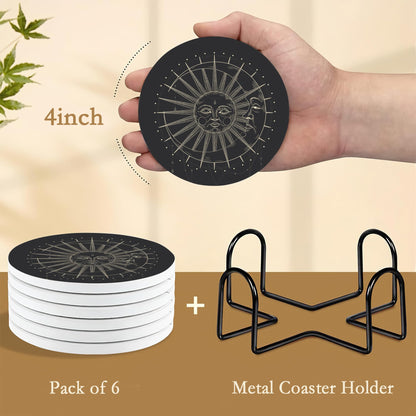 6-Pack Moon Phase Coasters Set with Holder - Absorbent Ceramic Drink Pads, Non-Slip Table Protectors for Coffee & Glasses