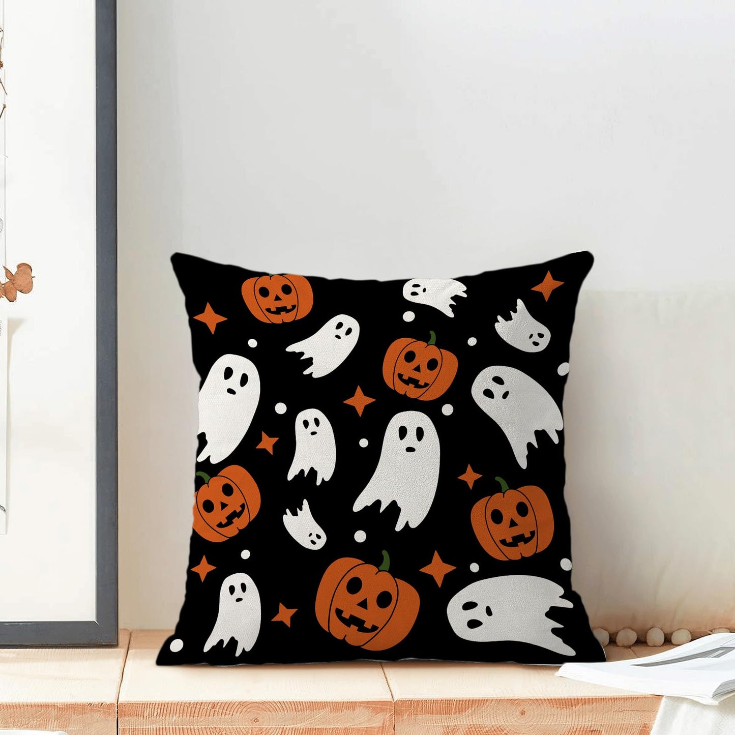 Halloween Pillow Covers 22x22, Cream Spooky Ghost Black Decorative Throw Pillows for Couch, Burnt Orange Pumpkin Decor Cushion Cover 2 Pcs Autumn Fall Outdoor Linen Pillowcase for Bed Car Safa