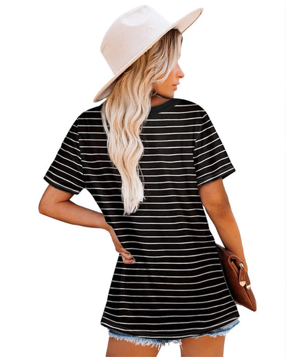 Jescakoo Short Sleeve T Shirts for Women Loose Fit Crew Neck Striped Tops XL