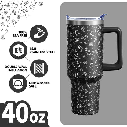 Sabobo Halloween Ghost Cup Gifts for Women Men, Spooky 40oz Tumbler with Handle and Straw, Holiday Black Engraved Stainless Steel Insulated Water Bottle (1 PC)