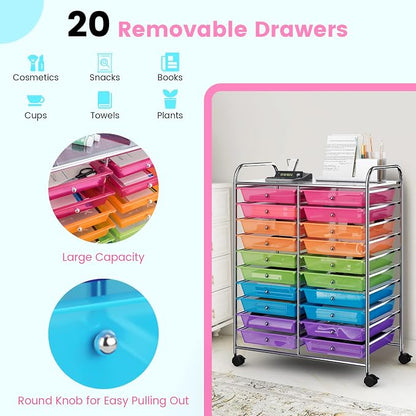 COSTWAY 20-Drawer Rolling Storage Cart, Utility Storage Organizer Cart for Tools, Scrapbook, Paper, Craft, Multipurpose Storage Trolley on Wheels for Home Office School (Rainbow)