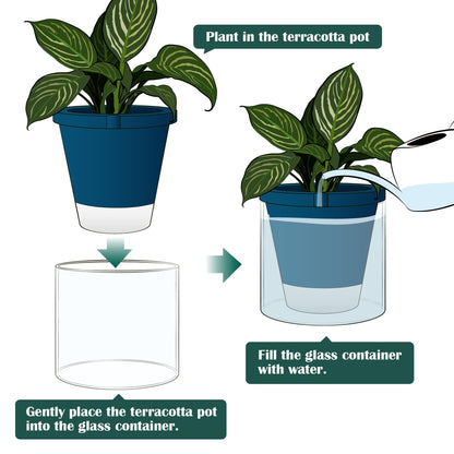 D'vine Dev 10 Inch Design Self Watering Planter for Indoor Plants, Blue Terracotta Pot with Cylinder Glass Cup, 37-X-D-4