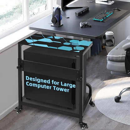 Adjustable Computer Tower Stand Large with Guardrail, 2 Tier Gaming PC Tower Stand for ATX, E-ATX, ITX, Rolling Floor Cart with Locking Metal Wheels, 32.7" X 21.6" X 15.8"