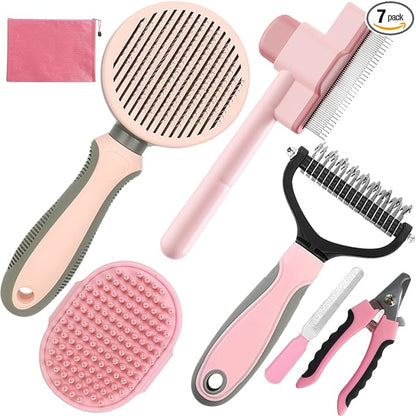 Pet Grooming Kit - 7 PCS Deshedding Brush Set with Slicker, Undercoat Rake, Bath Brush & Nail Clipper for Short & Long Haired Dogs, Cats (Pink)