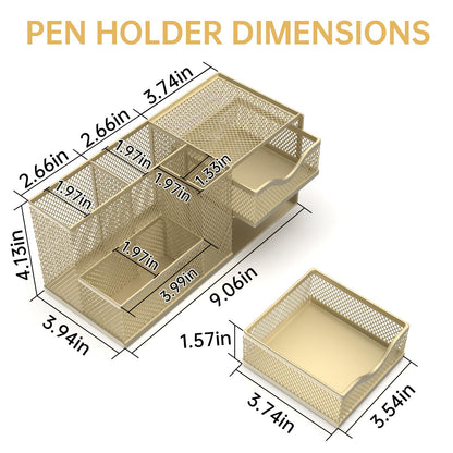 ReePlan Mesh Desk Organizer, Pen Organizer with 2 Drawers and 5 Compartments, Versatile Pen Holder for Small Space, Desk Organizers and Accessories for School Office Supplies, Gold
