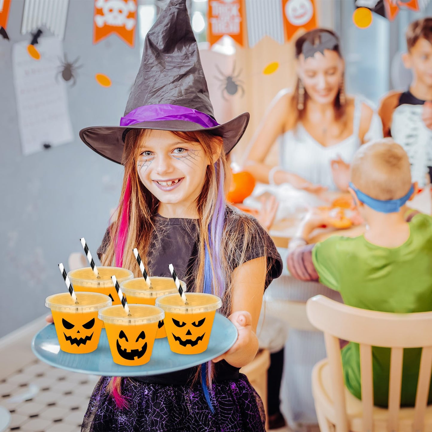 Whaline 60 Pcs 9 Oz Halloween Disposable Plastic Cups with Lids and Straws Black Evil Pumpkin Face Cold Beverage Drinking Cup for Trick or Treat Birthday Party Supplies