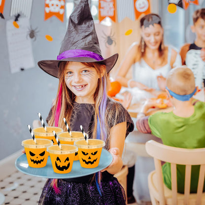 Whaline 60 Pcs 9 Oz Halloween Disposable Plastic Cups with Lids and Straws Black Evil Pumpkin Face Cold Beverage Drinking Cup for Trick or Treat Birthday Party Supplies