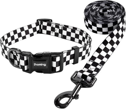Ihoming Dog Collar and Leash Set for Daily Outdoor Walking Running Training, Chess Board Design for Large Boys Girls Dogs Cats Pets, L-Up to 80LBS
