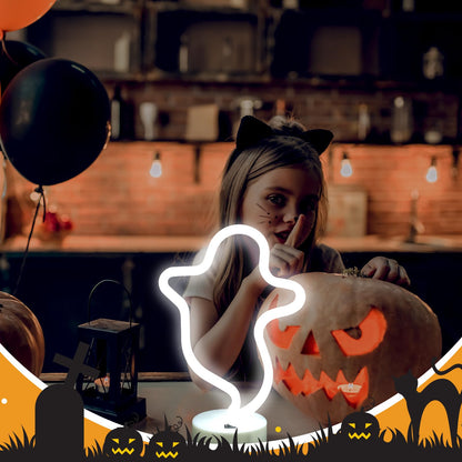 VIHOSE 3 Pcs Neon Light Halloween Decorations LED Lamps Ghost Pumpkin Bat Shape Neon Signs Decorative Battery Operated Night Lights with Holder Base for Bedroom Table Desk Room home Party Bar Gifts