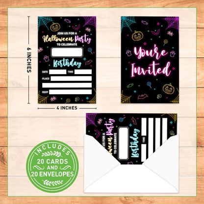 20 Kid Neon Glow Halloween Birthday Party Invitations with Envelopes